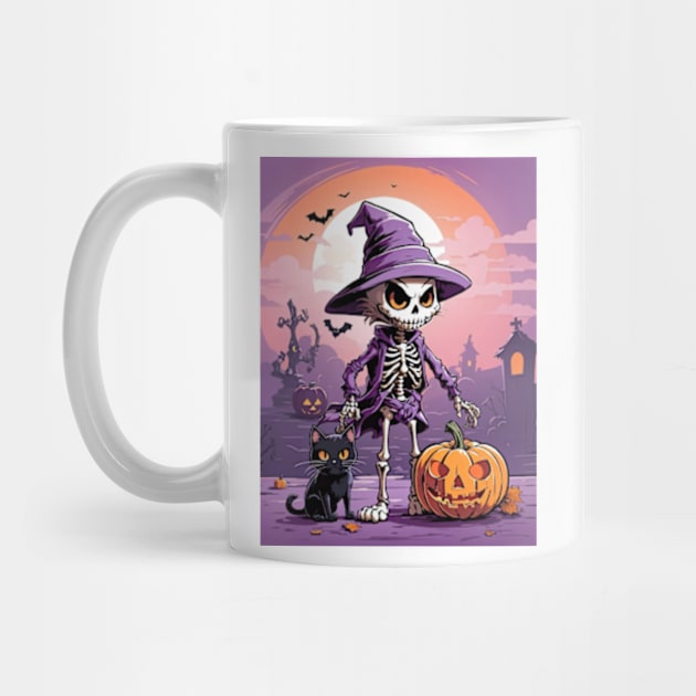 Well dressed Halloween skeleton with cat and pumpkin by BrisaArtPrints